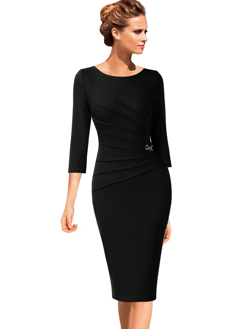 VFSHOW Womens Black Cocktail Party Elegant Ruched Work Business Office Bodycon Pencil Sheath Dress 6563 BLK XL - Image 2